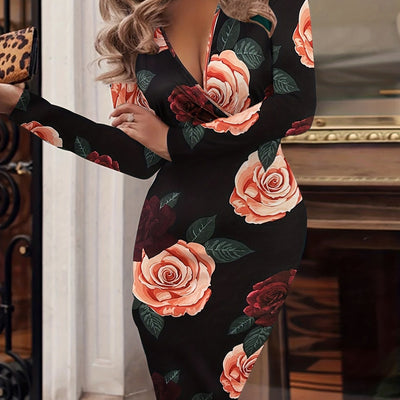 Floral Surplice Neck Bodycon Dress