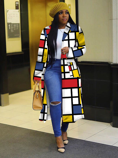 Box Sized Plaid Print Long Coat