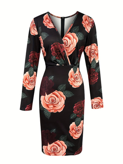 Floral Surplice Neck Bodycon Dress